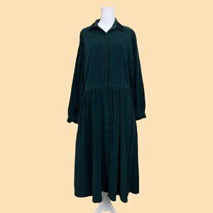 green corduroy vintage 90s long sleeve midi dress